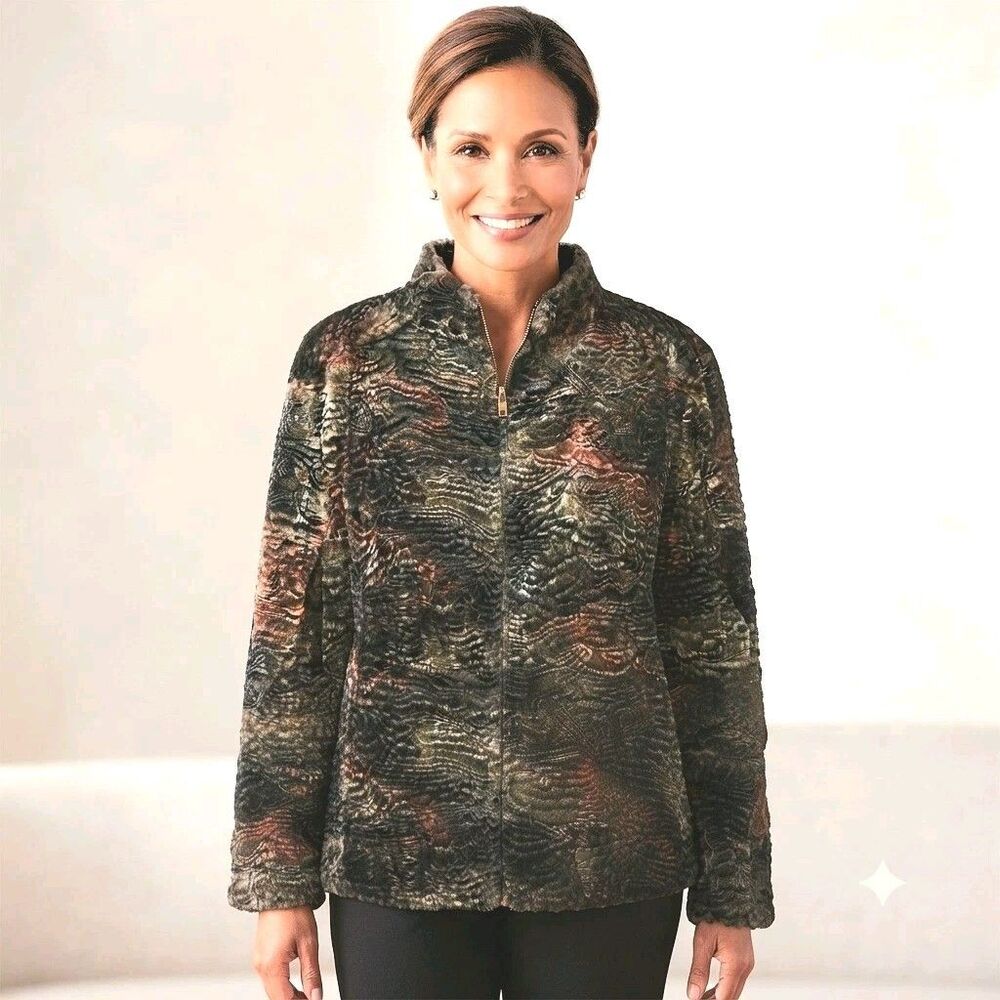Vintage Chico's 2 Design Faux Persian Lamb Fur Zip Jacket US L 100% Silk Lined